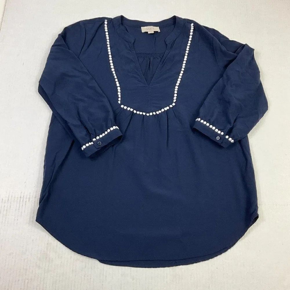 LOFT Womens Deep V-Neck Blouse Blue 3/4 Sleeve Lightweight Shirt Size S Small